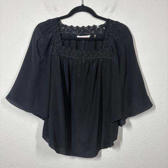 Rebecca Taylor Size 2 Lace Trim Silk Top Blouse Black Square Neck Short Sleeves - Picture 2 of 8